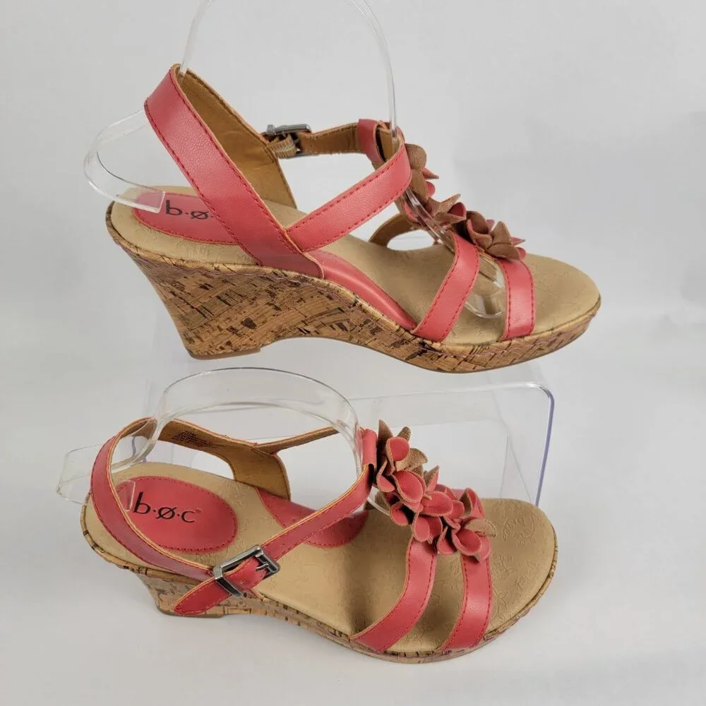 b.ø.c. EVITA Womens 10 Coral‎ Flowered Cork Platform Wedge Summer Sandal Boho
